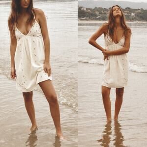 ZARA Mini Dress with Studs Sleeveless V-Neck Braided Straps Ecru White XL NWT